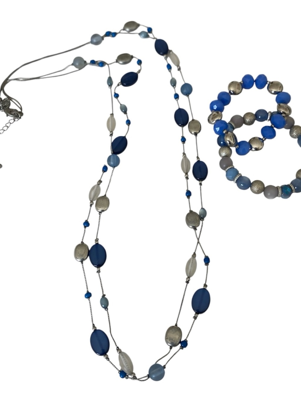 Vintage Charming Charlie Blue and Silver Bead Layered Necklace & Bracelet Set